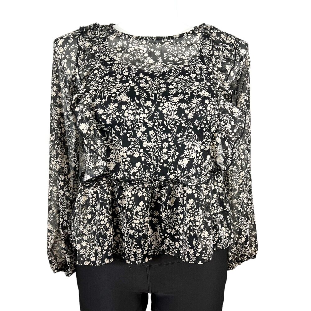 Art Class Womens Blouse Top Shirt Floral Print Ruffled Pullover Black White XL
